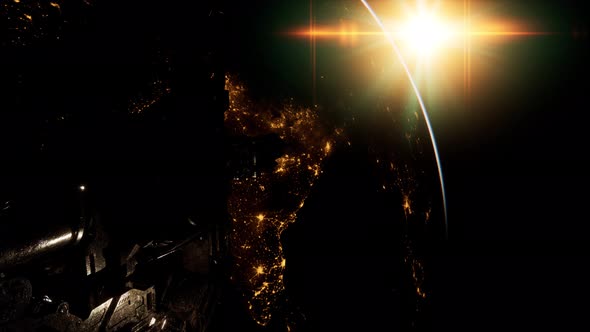 Flight Of Space Station On The Background Of The Rising Sun alt