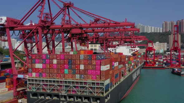 Drone fly over Hong Kong container terminal 