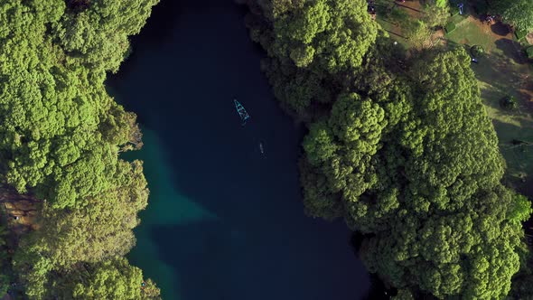 AERIAL: Lago De Camecuaro, Boat, Swimmer, Tangancicuaro, Mexico (Passing Down)