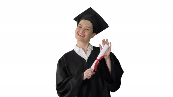 Graduation Woman Smiling and Looking Happy on White Background.