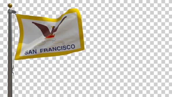 San Francisco City Flag (California, USA) on Flagpole with Alpha Channel - 4K