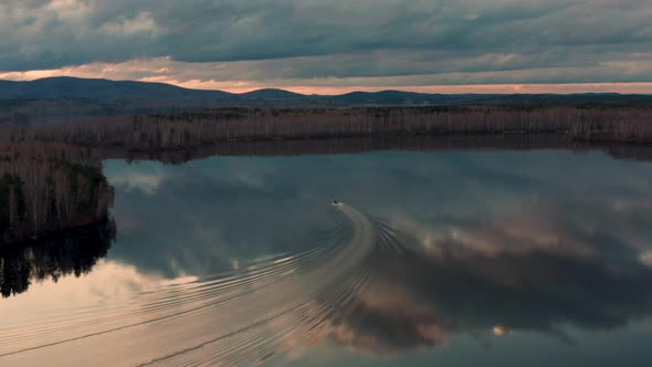 Aerial View of a Motor Boat Sailing on the Lake