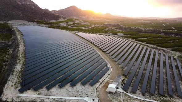 Solar panels farm aerial view from drone shot while sun setting. Small photovoltaic cell panels