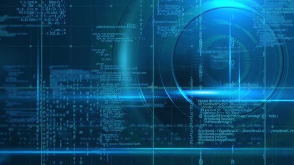 Animation of camera lens and computer code against black background alt