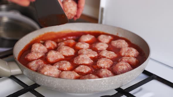 Meatballs Cooking Process in a Pan at Home