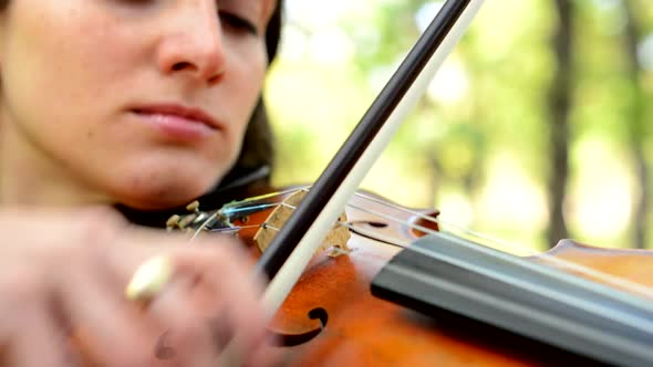 Young Attractive Happy Woman Play on the Violin in the Park - Concentrate on the Play