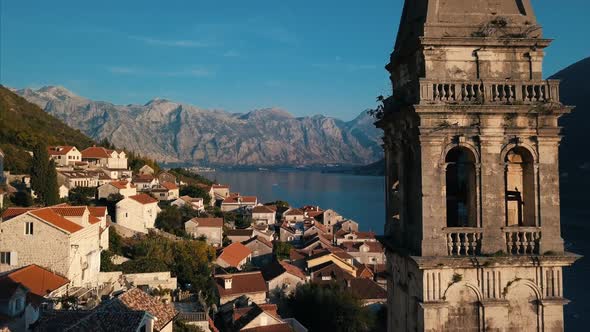 Aerial View Of The Church In Perast Town   Montenegro Cinematic Color