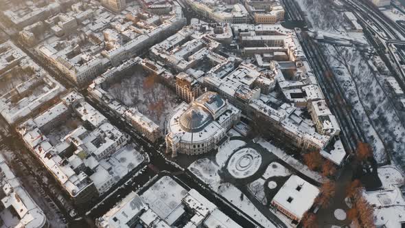 Cinematic Aerial Footage of Old City Center and Opera and Ballet Theatre During Sunny Winter Day