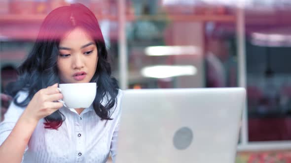 Portrait Thoughtful Asian Young Woman Enjoying Having Good Time Using Laptop Pc Looking at Screen