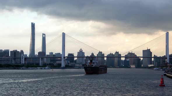 Nanpu Bridge Shanghai China Urban Cityscape  Skyline Panorama Timelapse Zoom Out