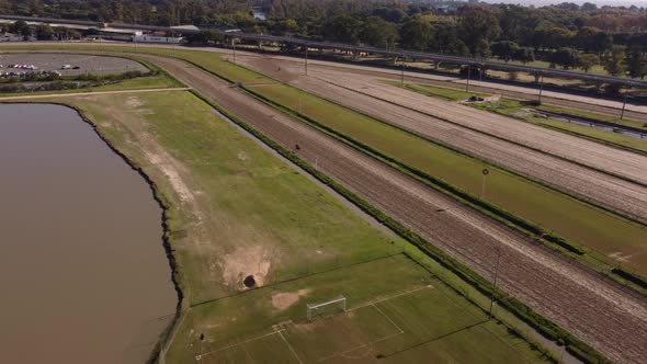 bird's eye view of the hipodromo de palermo with a training horse on the track in buenos aires argen