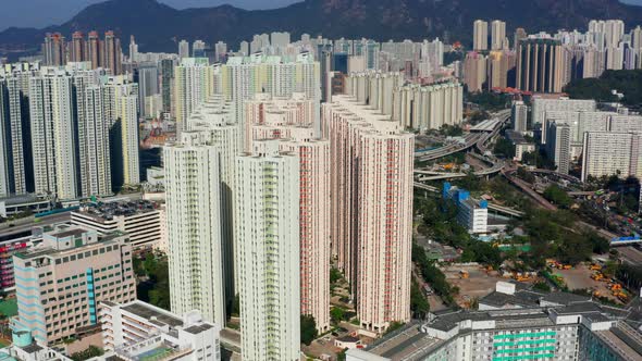 Drone fly over Hong Kong city