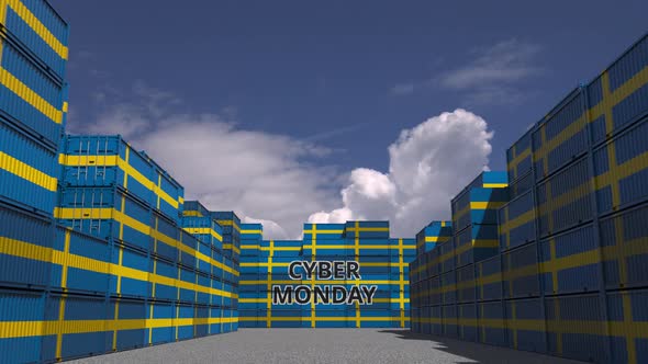 Containers with CYBER MONDAY Text and Flags of Sweden