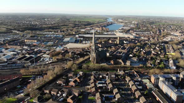 An aerial view approaching Church of St Walburge, Preston on a winter sunny day