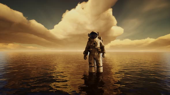 Spaceman in the Sea Under Clouds at Sunset