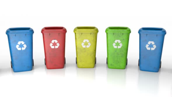 Multi-colored Plastic Waste Bins Stacked in Circle Around Camera