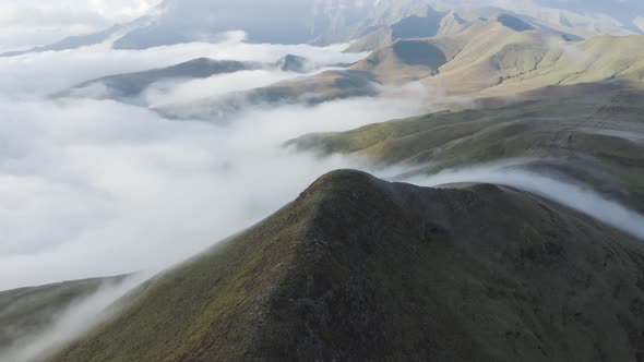 Aerial View of mountains in the clouds, Maluti A Phofung NU, Free, South Africa.