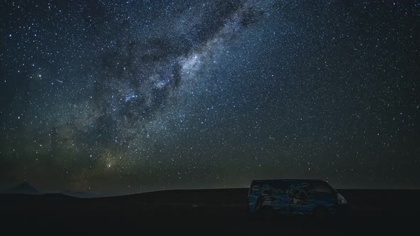 Timelapse of Milkyway in front of a Campervan in the Atacama Desert, Chile.