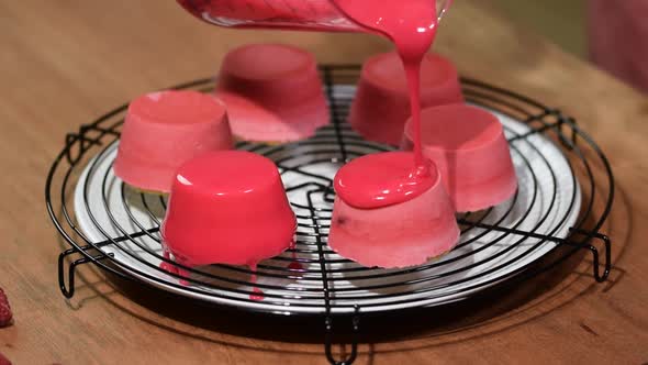 French mousse cakes with mirror glaze, Modern european dessert