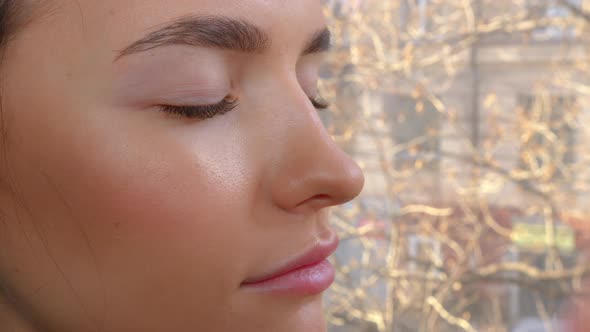 Face of a Young Girl in a Modern Eyelash Lamination Procedure in a Professional Beauty Salon