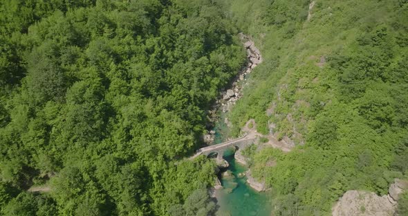 aerial view Danilov Most stone Bridge with clear blue water Mrtvica River