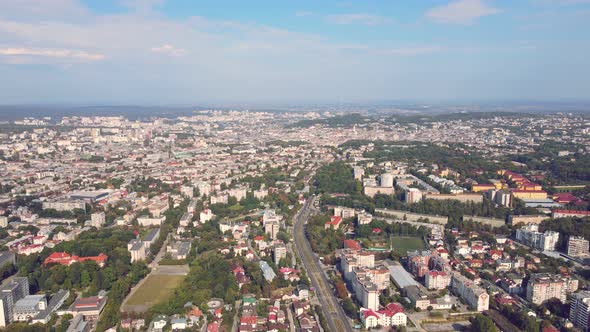 Flight Over Roofs, Streets. Aerial Drone Video of City Lviv, Ukraine. Market Square and the Central