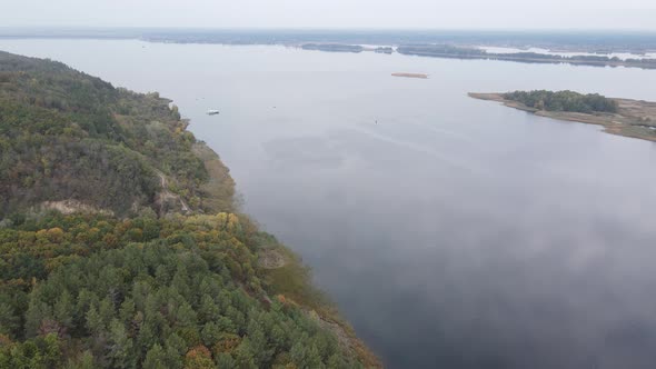 Beautiful Aerial View of the River Dnipro. Ukraine, Slow Motion