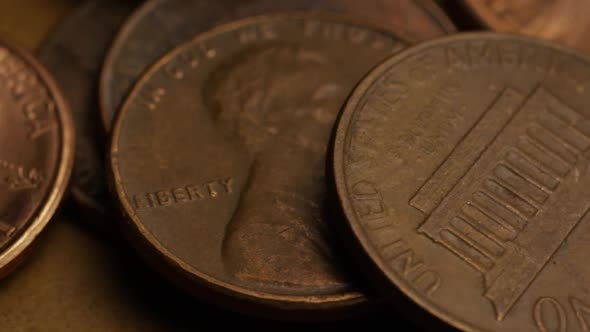 Rotating stock footage shot of American pennies (coin - $0.01) - MONEY 0183