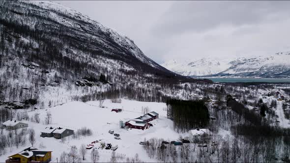 Aerial view of snowy mountains in Troms og Finnmark county in Norway