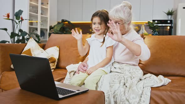 Granny and Granddaughter Smiling and Waving Hands Talking By Video Call Using Laptop Sitting on