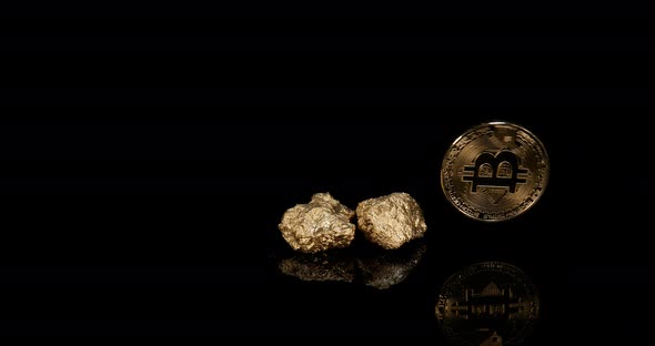 gold Nuggets and Bitcoins on Black Background, slow motion 4K