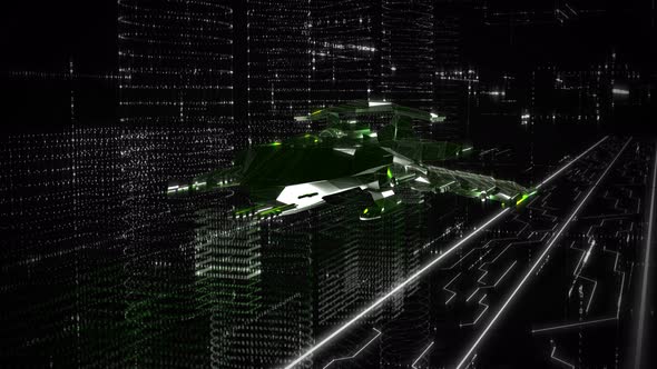 Animation of a starship vehicle flying in the network connection computer world alt