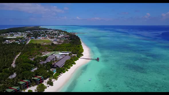 Aerial flying over texture of perfect lagoon beach journey by blue sea and bright sandy background o