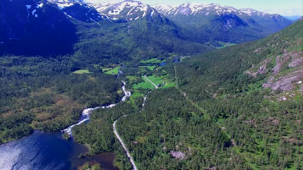 Aerial footage of Gaularfjellet mountain pass in Norway