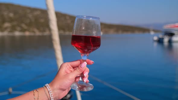 Female Hand Holding Glass of Wine on Sea Background