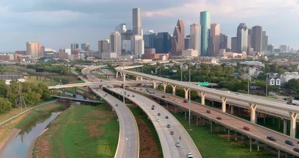 High angle establishing drone shot of downtown Houston. This video was filmed in 4k for best image q