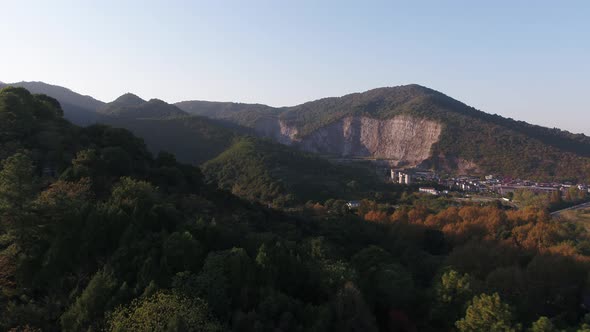 Mountain village and farmland in the sunset