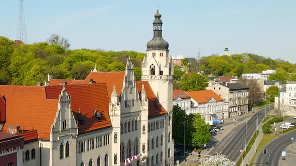 Waly Jagiellonskie steet Flying over Sad Okregowy courthouse in Bydgoszcz city Poland - aerial