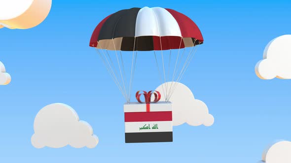 Carton with Flag of Iraq Falls with a Parachute