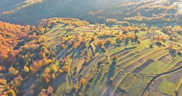 Beautiful Landscapes of High Mountains in Warm Autumn in the Carpathians Peaks Rural Meadows
