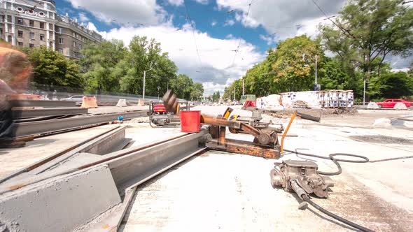 Repair Works on the Street Timelapse. Cutting New Tram Rails on a City Street