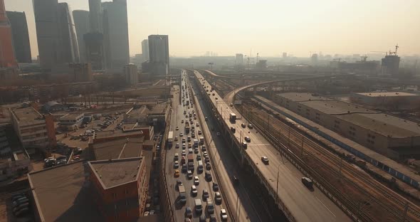 Aerial footage of cars going on the highway near Moscow City, Russia. Big traffic