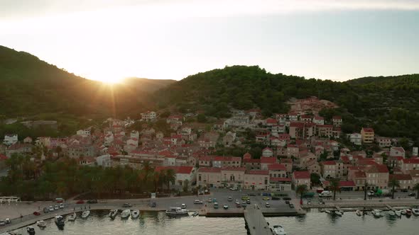 Aerial View of Vis Town at Sunset on Vis Island Croatia