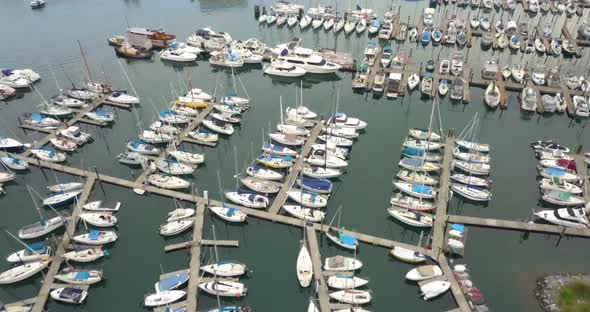 4K Drone Flying over Boat Club showing Boats and Sailboats in Vancouver, Canada