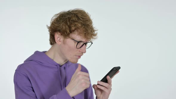 Failure on Smartphone By Redhead Young Man, White Background