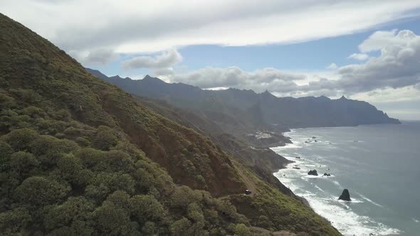 Birds Eye View of Beautiful Tropical Landscape, Coastline, Mountains Covered By Forest and Dramatic