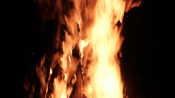 Big Bonfire Burns at Night in Slow Motion on a Black Background on Nature