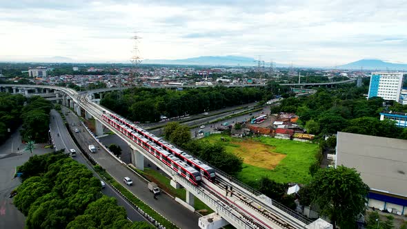 Aerial view of Jakarta LRT train trial run for phase 1 from UKI Cawang