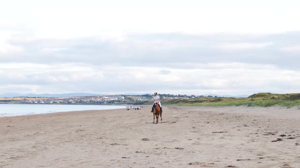 A beautiful girl with long hair rides her horse on the beach during the evening in Donabate, Ireland