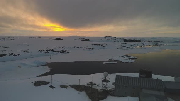 Sunrise Over Vernadsky Arctic Station Aerial View